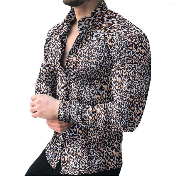 Chemises décontractées pour hommes Black Down Fashion Print Chemise léopard pour hommes Bouton à manches longues Revers Mens Foil Top Purple