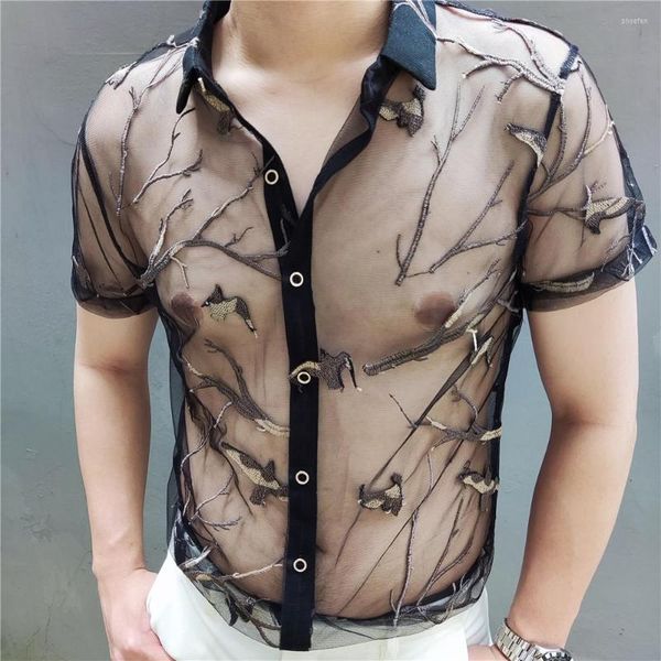 Camisas informales para hombre, camisa con patrón de pájaro y árbol bordado negro, ropa de manga corta Sexy transparente a la moda para hombre, ropa transparente para Club Social