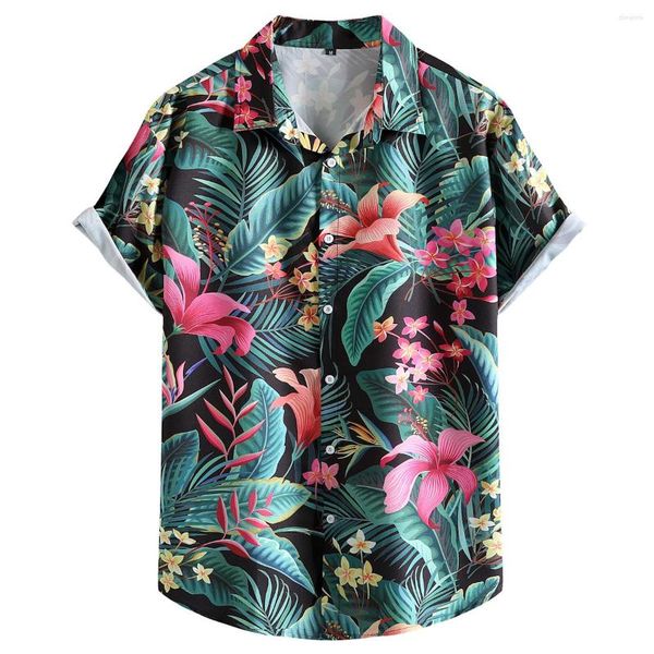 Chemises décontractées pour hommes noir imprimé fleuri chemise hawaïenne hommes 2023 marque à manches courtes boutonné été plage vacances vêtements de vacances