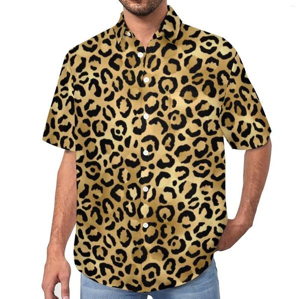 Camisas casuales para hombres Camisa de playa de leopardo dorado negro Cheetah Animal Hawaii Hombres Blusas de tendencia Ropa gráfica de manga corta Tamaño grande