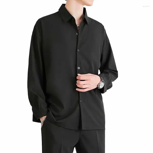 Chemises décontractées pour hommes Hommes noirs à manches longues Coréen Blouses confortables Lâche Chemise à simple boutonnage avec cravate pour