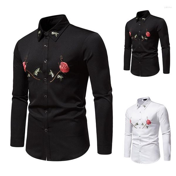 Camisas informales para hombre, vestido con estampado de bordado de rosas negras, camisa de esmoquin de manga larga ajustada de marca para hombre, camisa con botones para hombre