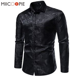 Camisas casuales para hombres Impresión de rosa negra para hombre de lujo de manga larga floral paisley seda fiesta de negocios camisa de boda hombres ropa chemise homme 220920