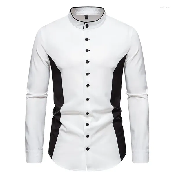 Chemises décontractées pour hommes Noir Blanc Patchwork Manches longues Henley Chemise Hommes 2024 Marque Banded Mandarin Col Robe Business