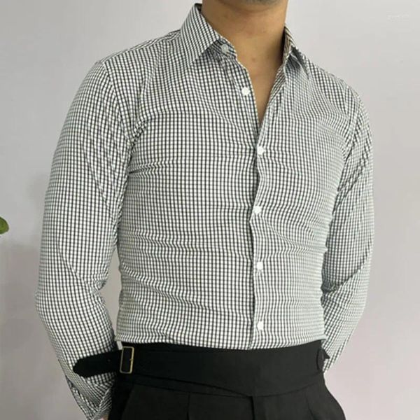Camisas casuales para hombres Camisa de manga larga a cuadros blanco y negro Oficina formal de negocios Hombres Slim Fit Vestido Social Masculina Chemise Homme
