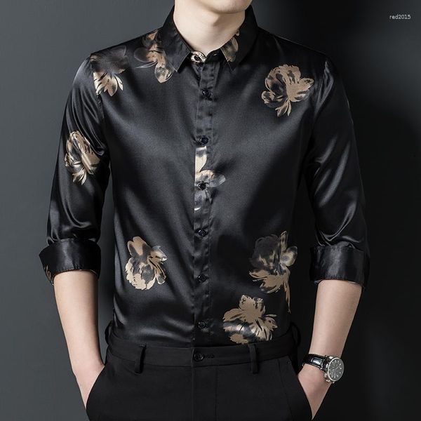 Camisas casuales para hombres Ropa de satén lisa blanca negra para ropa de moda para hombre Tamaños grandes Seda Hombre elegante Trabajo Flores Blusa con estilo