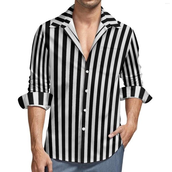 Camisas informales para hombre, camisa a rayas en blanco y negro, blusas personalizadas divertidas a rayas verticales para hombre, ropa holgada de manga larga de gran tamaño para regalo
