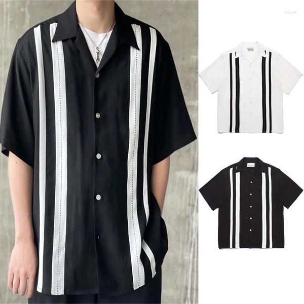 Chemises décontractées pour hommes noir blanc wacko maria hawaii Stripe Couleur Blocking Men Femme Summer Quality Tops Loose Tee Tee