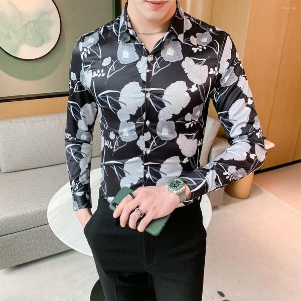 Chemises décontractées pour hommes Blouse Hommes Uxury Fleur Chemise Mode Printemps Floral Coréen Slim Fit Social À Manches Longues Night Club