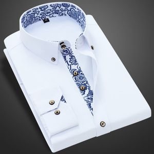 Chemises décontractées pour hommes chemise à col en porcelaine bleu et blanc hommes à manches longues coréen SlimFit chemises habillées décontractées pour hommes couleur unie chemise blanche coton 230807