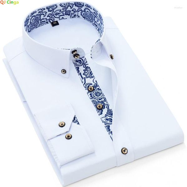 Camisas informales para hombre, camisa de vestir con cuello de porcelana azul y blanca, manga larga, coreana, ajustada, para oficina, negocios, Color sólido, blanco, azul marino