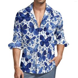 Mannen Casual Shirts Blauwe Vlinder Retro Bloemen Aquarel Vlinders Shirt Lange Mouw Mode Harajuku Blouses Herfst Grafische Tops