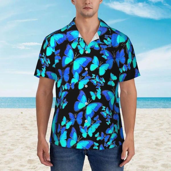 Chemises décontractées pour hommes chemises papillon bleu abstrait animal art vintage hawaïen manche courte plage street style oversize bousses