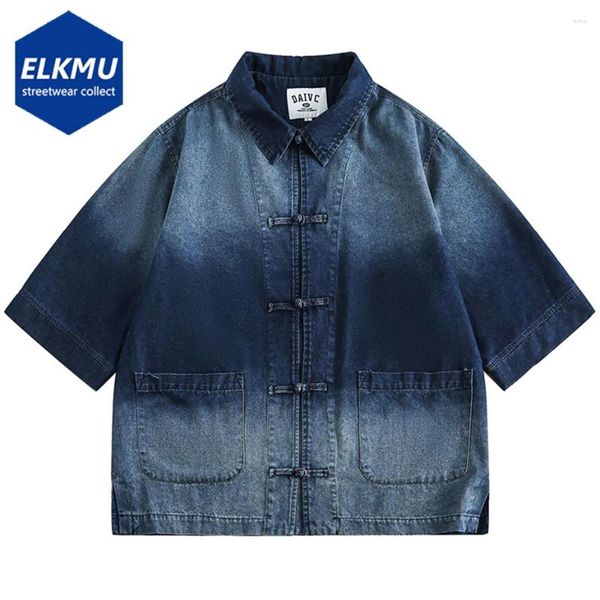 Camisas casuales para hombres azules azules de mezclilla japón estilo suelto de manga corta botón de blusa blusa hip hop harajuku jeans de gran tamaño