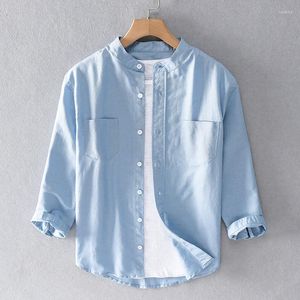 Chemises décontractées pour hommes chemise bleue pour hommes manches trois quarts Slim Fit mâle coton lin basique classique hauts vêtements de créateurs
