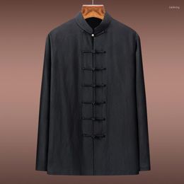 Chemises décontractées pour hommes Bleu Jiao Chemise de style chinois Printemps et automne pour hommes Bouton à nœud à manches longues Haut rétro Jeune Clo d'âge moyen