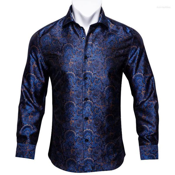 Camisas casuales para hombres Camisa de seda de Paisley de oro blanco azul para hombres de manga larga Primavera Otoño Fit-Dress Button-Down Collar Masculino Barry.Wang