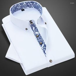 Casual overhemden voor heren, blauw wit shirt met mouwen, korte dunne formele, effen Ropa-kleding voor heren
