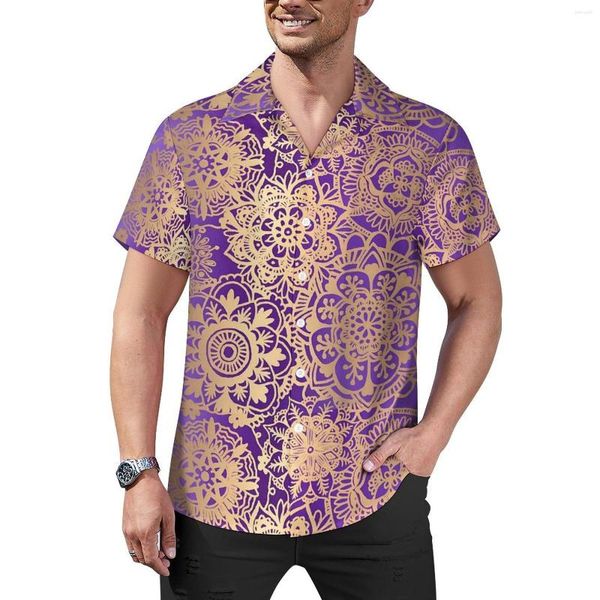 Chemises décontractées pour hommes Boho Mandala Shirt Purple And Gold Beach Blouses esthétiques hawaïennes lâches Manches courtes Graphic Oversize Clothing