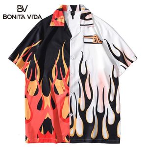 Mannen Casual Shirts Bonita Vida Hawaiian Streetwear Fire Flame Kleurblok Patchwork Shirt Mannen Harajuku Hip Hop Strand Knop 2258