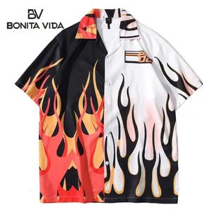 Mannen Casual Shirts Bonita Vida Hawaiian Streetwear Fire Flame Kleurblok Patchwork Shirt Mannen Harajuku Hip Hop Strand Knop 2898