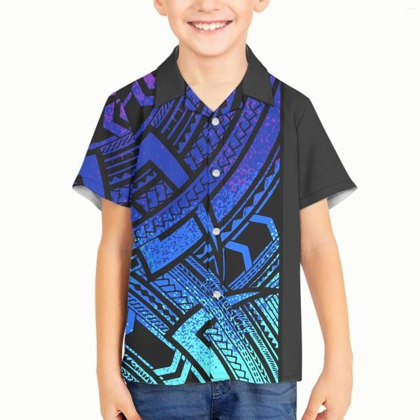 Chemises décontractées pour hommes Garçon Enfant Polynésien Tribal Hawaïen Totem Tatouage Hawaï Imprime Garçons Manches Courtes Top Boutique Boutonné T-shirts Enfants