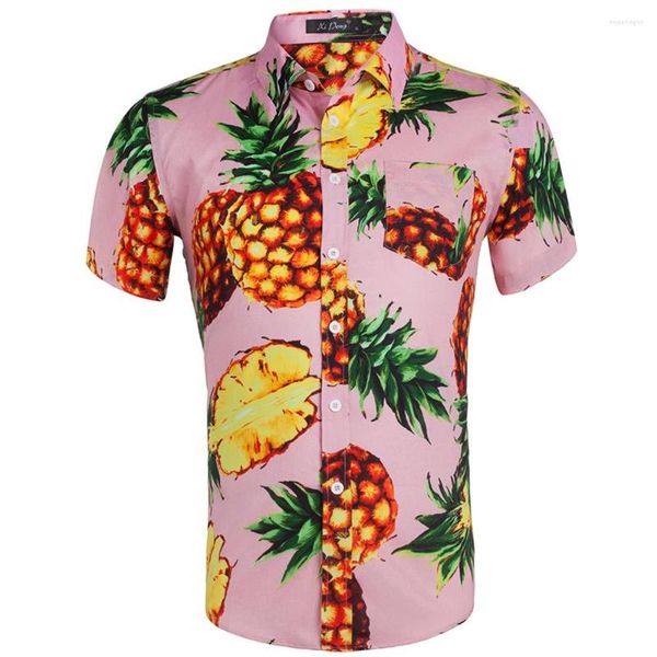 Hommes chemises décontractées garçons été à manches courtes coton popeline tissu imprimé fleuri chemise bouton vers le haut taille américaine hawaïen ananas haut