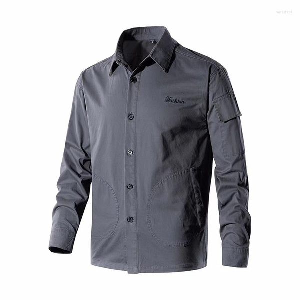 Chemises décontractées pour hommes garçons hauts mignon chemise à manches longues hommes affaires coton surdimensionné bouton col montant gris Social mâle vêtements de travail