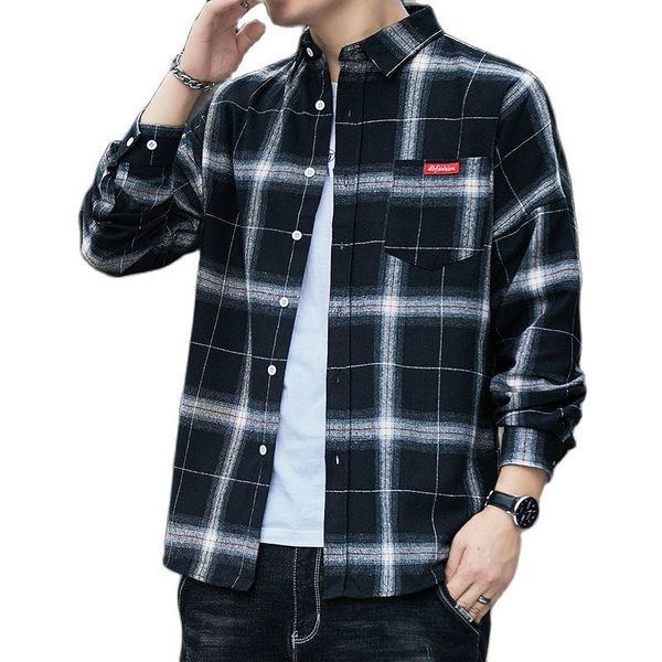 Camisas casuales para hombres marca 2022 primavera otoño manga larga cuello de franela estilo coreano camisa verde roja para hombres a cuadros Harajuku ClothingMe