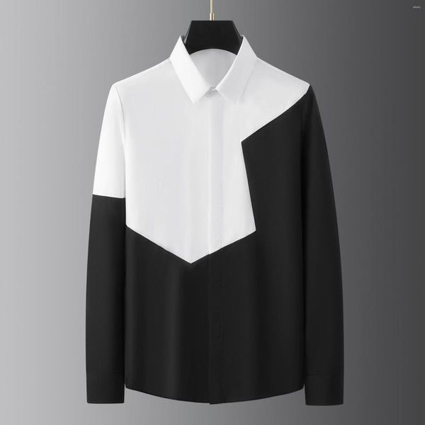 Camisas casuales para hombres Marca Otoño Negro Blanco Patchwork Camisa de manga larga Camisa de lujo de negocios de algodón Fiesta social Blusa de esmoquin