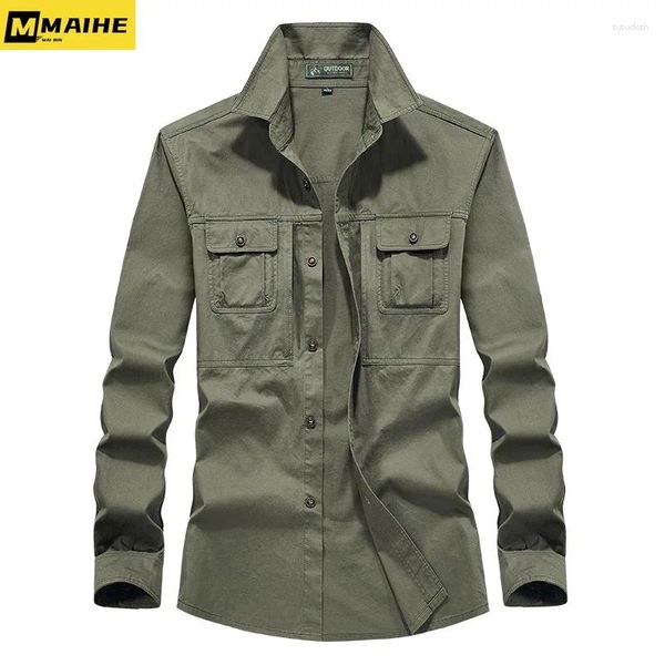 Chemises décontractées pour hommes Brands de coton Retro Tactical Multi-Pocket Travail Vintage Army Green Denim Coat Clothing Fashion