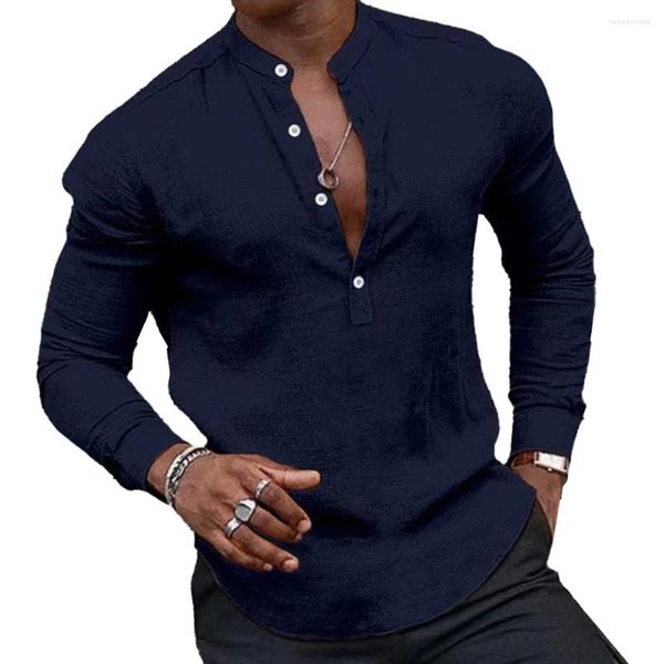 Camisas casuales para hombres Camisa de marca Manga larga Fiesta suelta Poliéster Regular Primavera Verano Camisetas Tops con cuello en V Abotonado