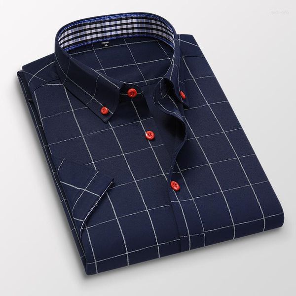 Camisas informales para hombre, vestido a cuadros de estilo británico, camisa de negocios ajustada de manga corta de alta calidad para hombre, ropa superior S-5XL