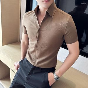 Mannen Casual Shirts Britse Stijl Zomer Wafel V-hals Shirt Mannen Korte Mouw Slanke Zakelijke Formele Jurk Social Party smoking Blouse