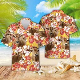 Chemises décontractées pour hommes Brownswiss Cow 3d Imprimé pour hommes vêtements Hawaiian Animal Battle Graphic Beach Shirt Funny Swiss Head Blouses Boy Tops