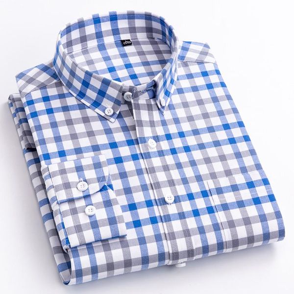 Chemises décontractées pour hommes Chemise à carreaux à carreaux en coton brossé Poche plaquée unique Coupe standard à manches longues Épais boutonné Vichy Sh