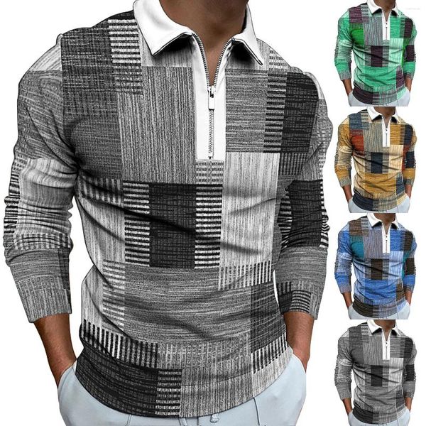 Camisas casuales para hombres Negocios Impreso 3D Solapa T Shirt Al aire libre Raya Tee Blusa Manga larga Hombres Manga Térmica