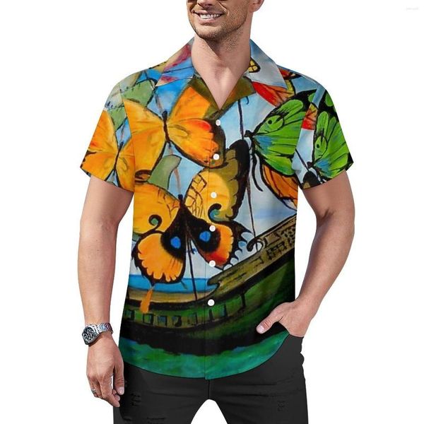 Camisas informales para hombre, camisa de vacaciones con barco de mariposa, estampado de pintura abstracta, blusas de estilo callejero para hombre hawaiano, Tops de diseño de manga corta