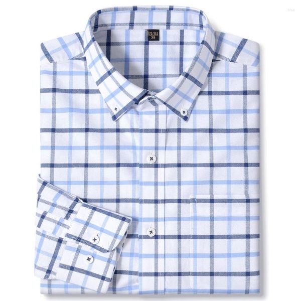 Camisas informales para hombre, camisa a cuadros Oxford de manga larga con cuello abotonado y un solo bolsillo, algodón cómodo, ajuste regular, a rayas