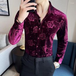 Casual herenoverhemden Camisa Masculina Herfst Winter Luxe Print Sociaal overhemd Lange mouw Slank Elegant Fluweel voor herenkleding Formeel