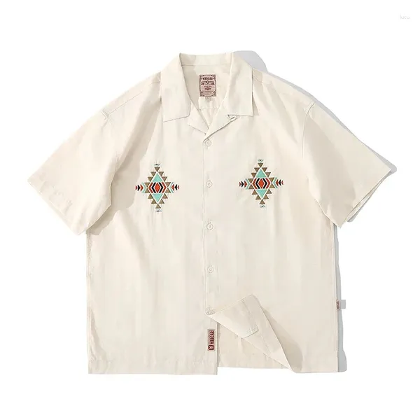 Camisas casuales para hombres Camisa de cuello de campamento Mangas cortas Bordado blanco Ropa de verano para hombre Ropa vintage