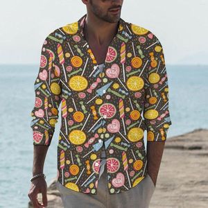 Casual shirts voor heren Candy Sweets Men Men Yummy Cute Print Shirt Lange Mouw Fashion Street Style Blouses Autumn Design Top Big Size