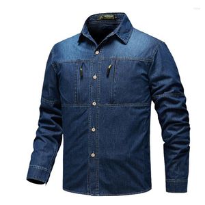 Chemises décontractées pour hommes Jeans cargo avec poches Vêtements de travail en plein air Chemise en denim Tops Taille 5XL Couleur unie