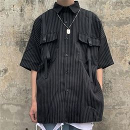 Heren Casual Shirts Cargo Joggers Half Mouw Mens Trendy Hip Hop Zomer Knappe Harajuku Losse Gestreepte Shirt Gothic Camisa