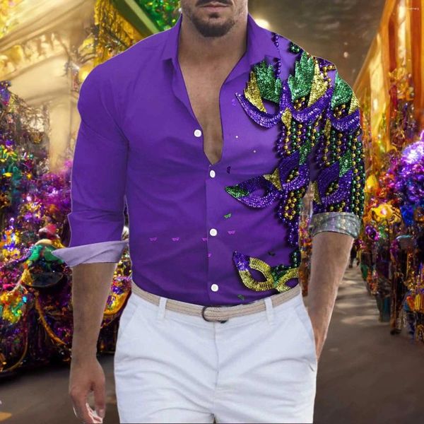 Chemises décontractées pour hommes Carnaval pour hommes Luxe Mardi Gras Diamond Mascarade 3D Blouses d'impression Bouton de revers Top Daily Streetwear