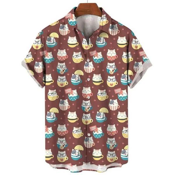 Chemises décontractées pour hommes Carton Cat Cat 3D Blouses imprimées pour hommes pour hommes HARAJUKU Hawaiian Animal Shirts Beach Shirts Funny Boy Short Slve Y2K TOP Y240506