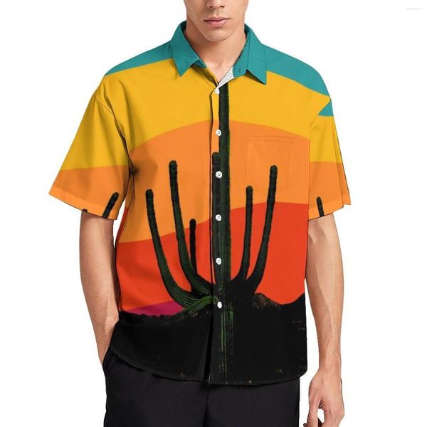 Chemises décontractées pour hommes dessin animé désert vacances chemise homme rétro Cactus coucher de soleil hawaïen à manches courtes personnalisé élégant surdimensionné Blouses cadeau