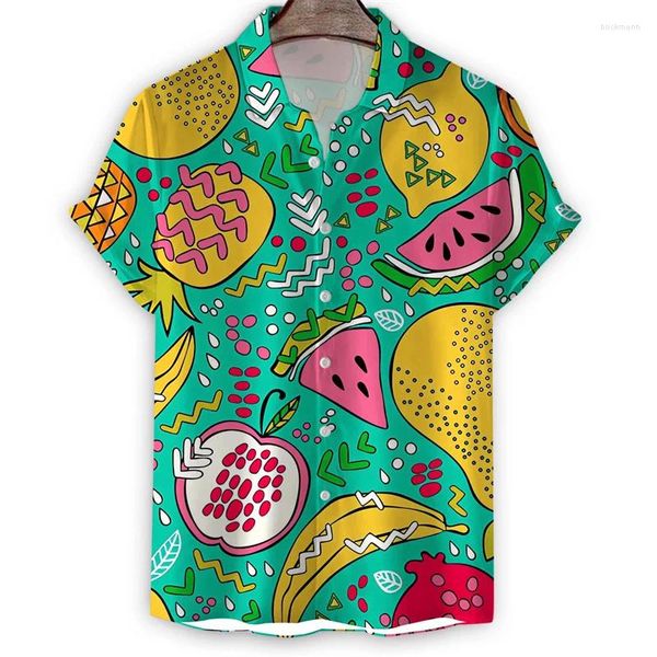 Chemises décontractées pour hommes fruits de dessin animé 3d Impression Hawaiian Shirt Men Banane Panne de pastèque Ananas Modèle à manches courtes Bonnes à revers d'été