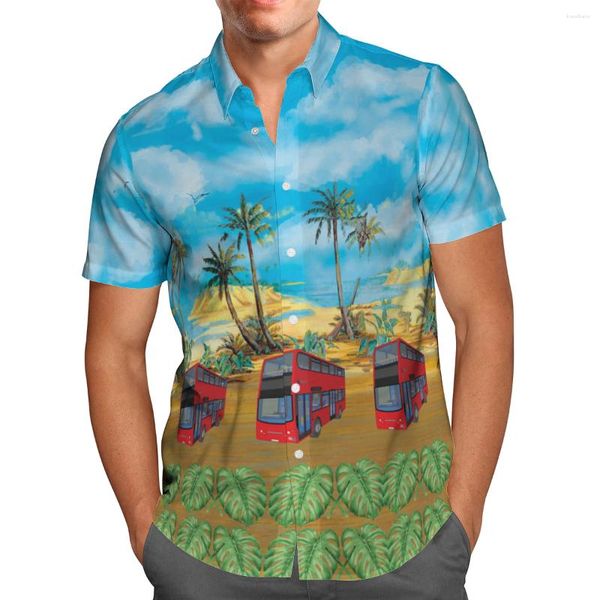 Camisas informales para hombre, camisa de manga corta transpirable con estampado 3D de autobús rojo de dibujos animados para verano, camisa de manga corta para hombre, ropa de calle 5XL con botones grandes de Harajuku