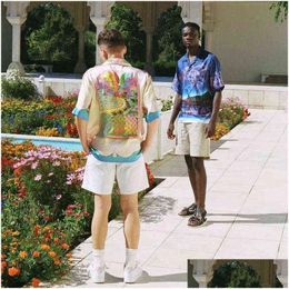 Chemises décontractées pour hommes Casablanca 21Ss Island Landscape Color Satin Temperament Shirt Lucid Dreams Short Sleeve Drop Delivery Apparel Mens Dhvi6